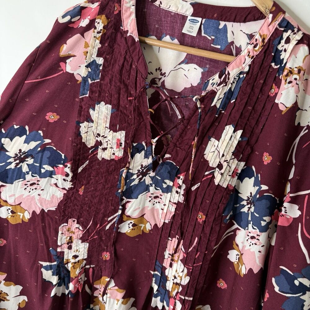 Old Navy Floral Swing Dress Womens 2XL Lace Up Pintucked Burgundy Boho Flowy - Picture 3 of 11